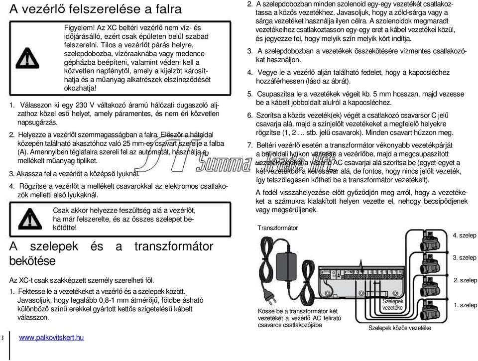 elszíneződését okozhatja! A 3. Akassza fel a vezérlőt a középső lyuknál. Csak akkor helyezze feszültség alá a vezérlőt, ha már felszerelte, és az összes szelepet bekötötte!