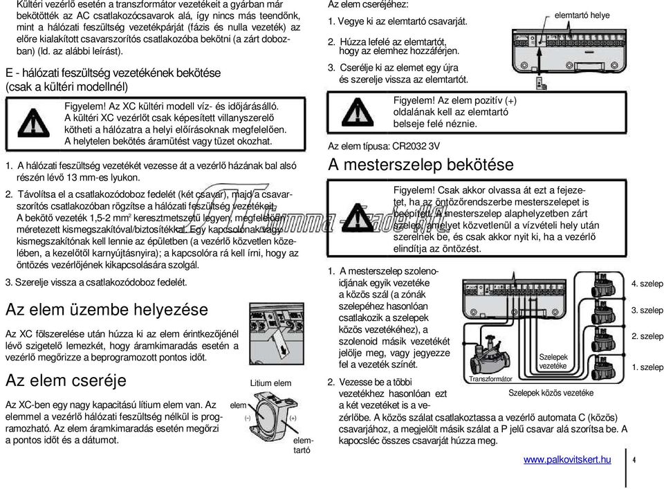 Az XC kültéri modell víz- és időjárásálló. A kültéri XC vezérlőt csak képesített villanyszerelő kötheti a hálózatra a helyi előírásoknak megfelelően. A helytelen bekötés áramütést vagy tüzet okozhat.