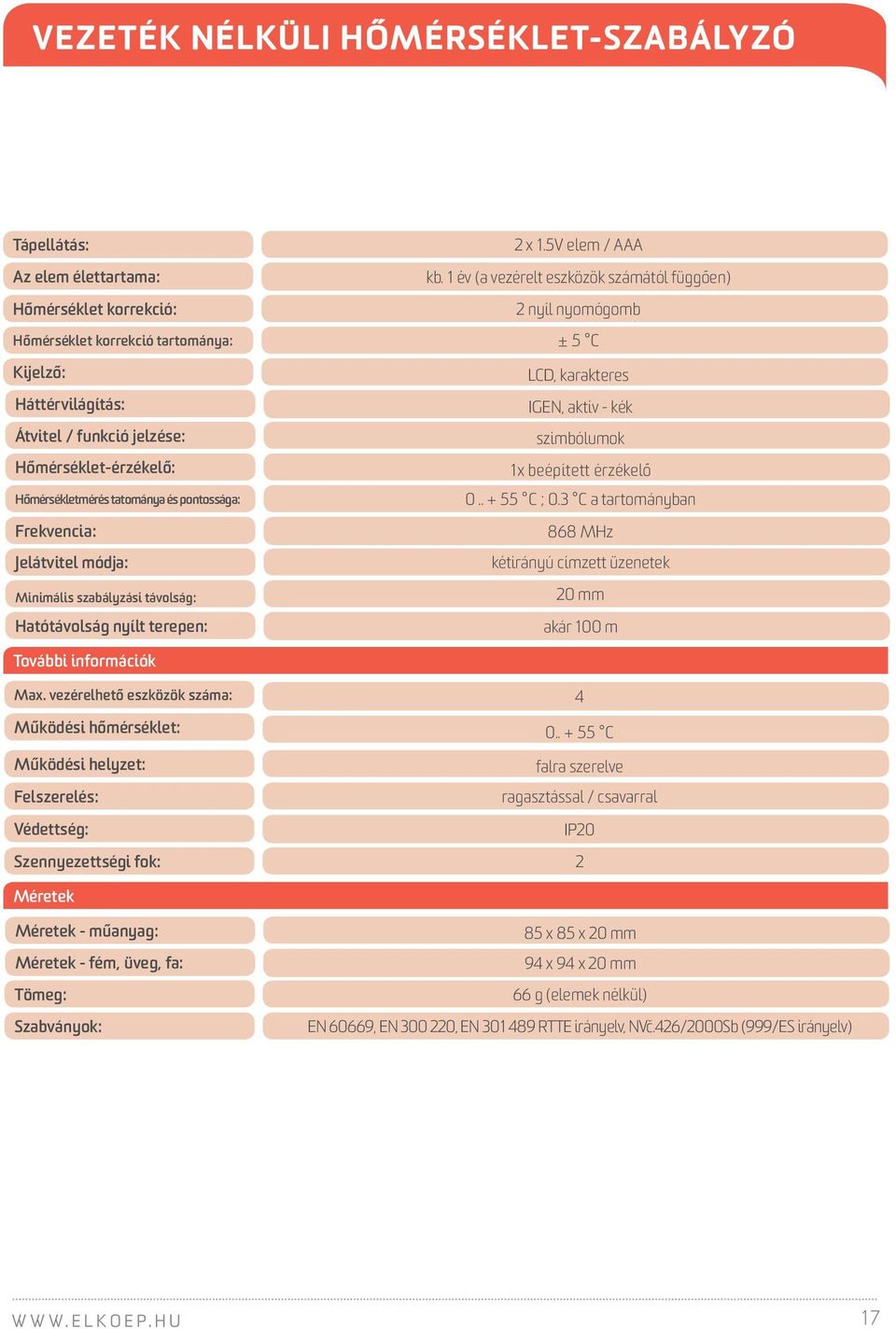 1 év (a vezérelt eszközök számától függően) 2 nyíl nyomógomb ± 5 C LCD, karakteres IGEN, aktív - kék szimbólumok 1x beépített érzékelő 0.. + 55 C ; 0.