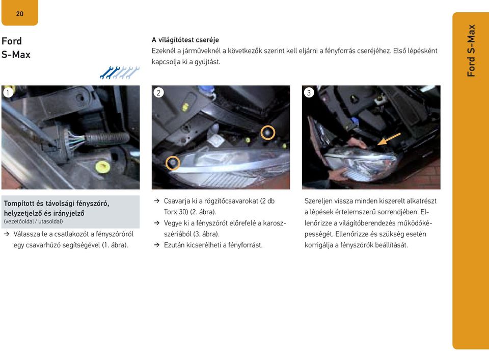 (1. ábra). Csavarja ki a rögzítőcsavarokat (2 db Torx 30) (2. ábra). Vegye ki a fényszórót előrefelé a karoszszériából (3. ábra). Ezután kicserélheti a fényforrást.