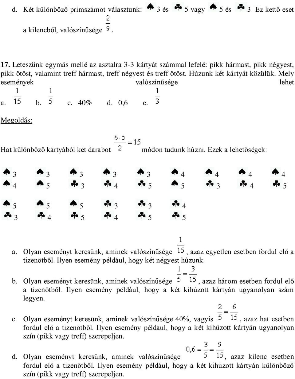 Mely események valószínűsége lehet a. b. c. 40% d. 0,6 e. Hat különböző kártyából két darabot módon tudunk húzni. Ezek a lehetőségek: 3 3 3 3 3 4 4 4 4 4 5 3 4 5 5 3 4 5 5 5 5 3 3 4 3 4 5 4 5 5 a.