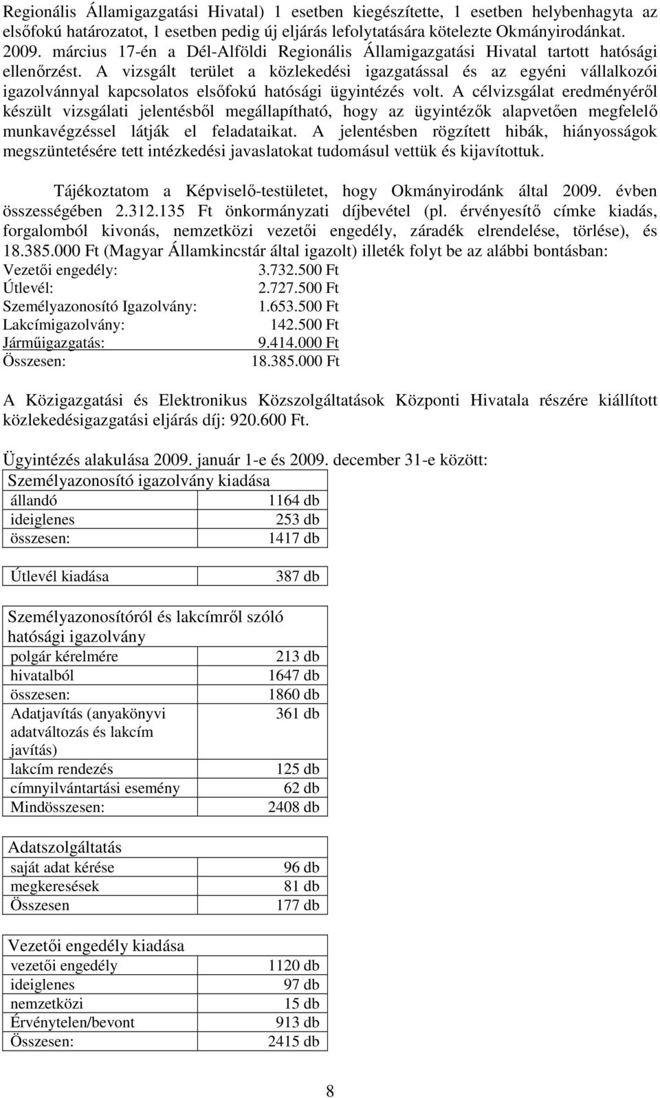 A vizsgált terület a közlekedési igazgatással és az egyéni vállalkozói igazolvánnyal kapcsolatos elsıfokú hatósági ügyintézés volt.