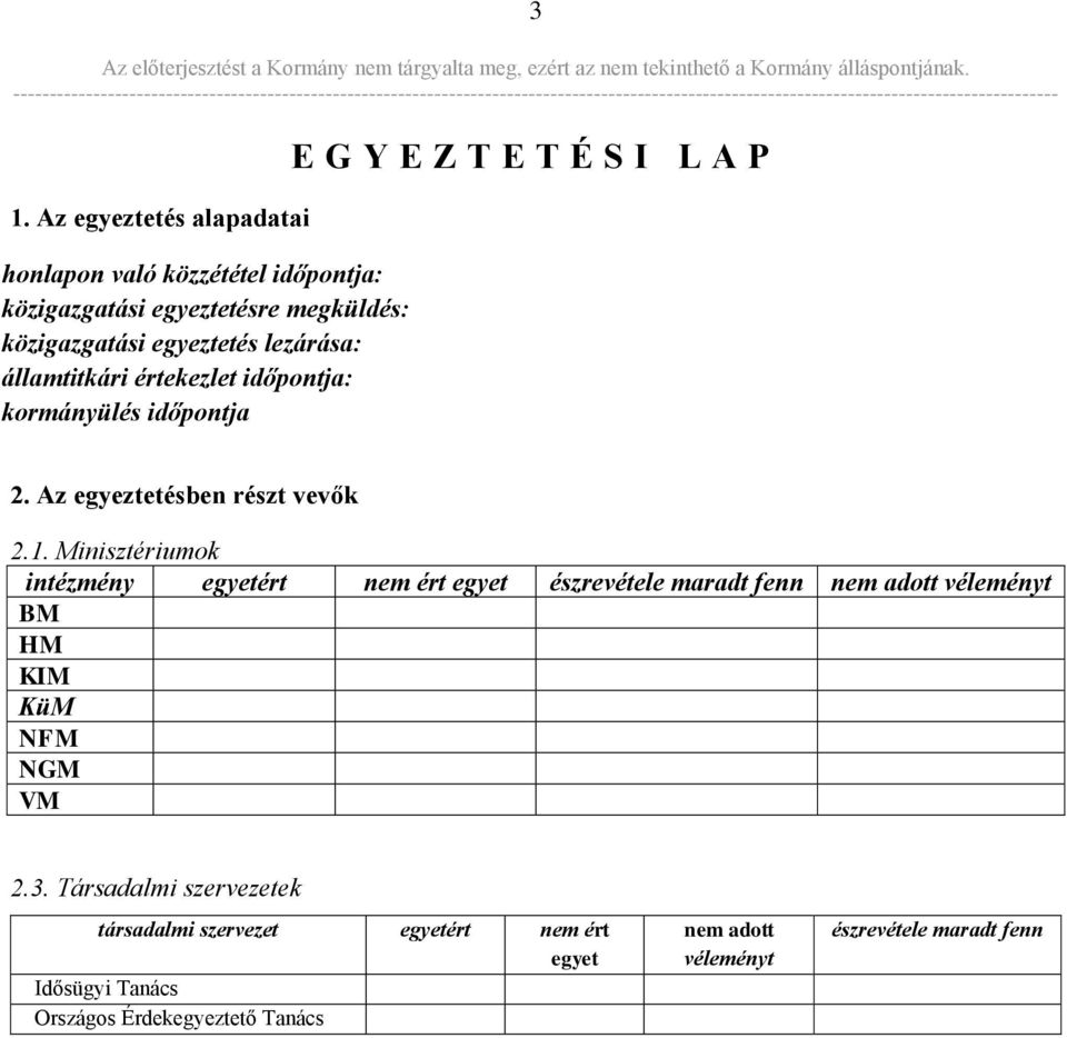 Minisztériumok intézmény egyetért nem ért egyet észrevétele maradt fenn nem adott véleményt BM HM KIM KüM NFM NGM VM 2.3.