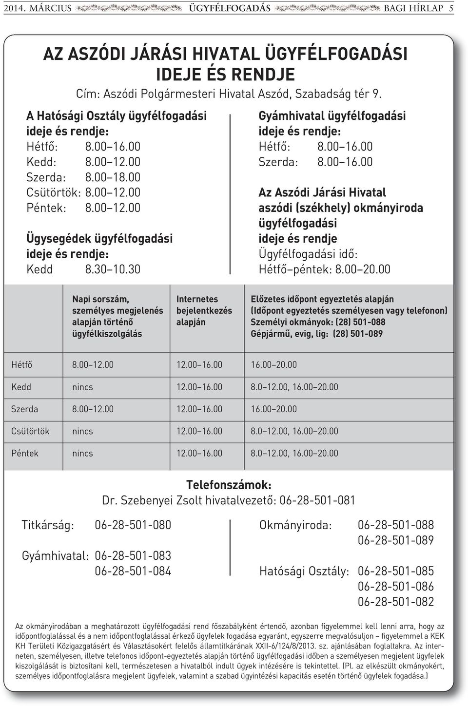 30 Gyámhivata ügyféfogadási ideje és rendje: Hétfő: 8.00 16.00 szerda: 8.00 16.00 Az Aszódi járási hivata aszódi (székhey) okmányiroda ügyféfogadási ideje és rendje ügyféfogadási idő: Hétfő péntek: 8.