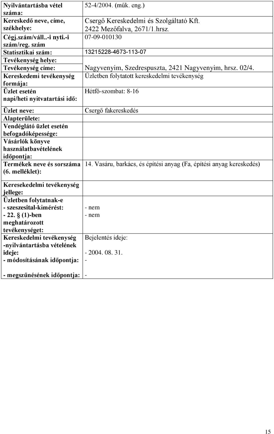 Hétfőszombat: 816 napi/heti nyitvatartási idő: Csergő fakereskedés Alapterülete: Termékek neve és sorszáma 14.