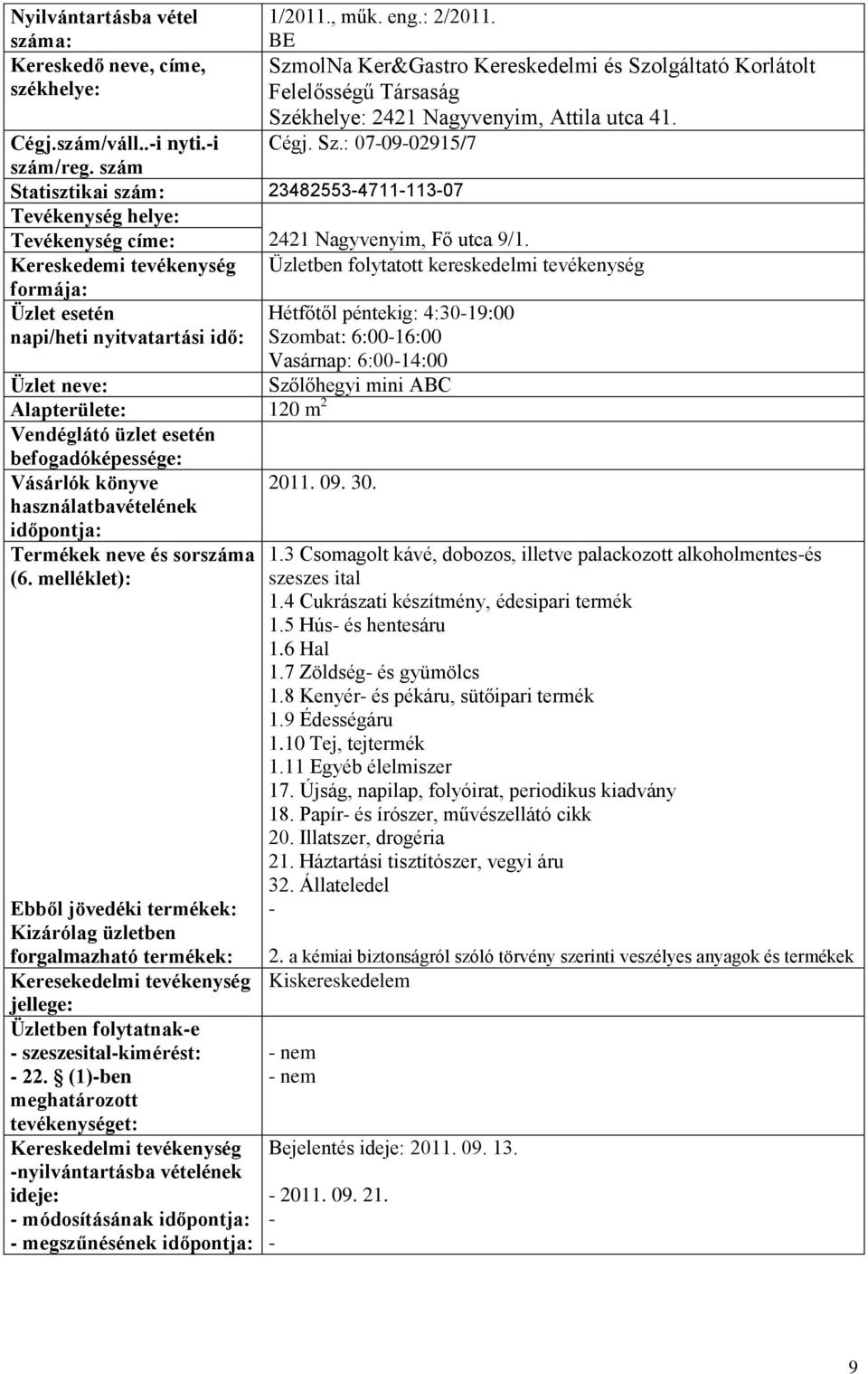 Hétfőtől péntekig: 4:3019:00 napi/heti nyitvatartási idő: Szombat: 6:0016:00 Vasárnap: 6:0014:00 Alapterülete: 120 m 2 Termékek neve és sorszáma Ebből jövedéki termékek: Kizárólag üzletben