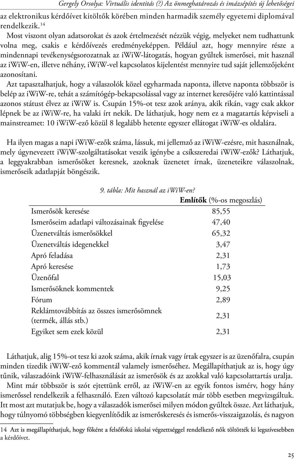 Például azt, hogy mennyire része a mindennapi tevékenységsorozatnak az iwiw-látogatás, hogyan gyűltek ismerősei, mit használ az iwiw-en, illetve néhány, iwiw-vel kapcsolatos kijelentést mennyire tud