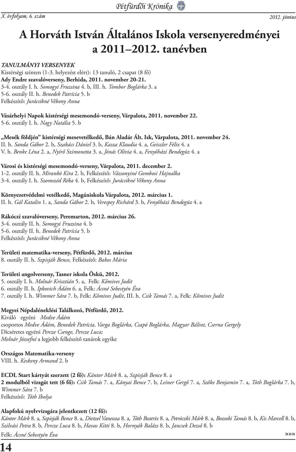 b Felkészítő: Jurácsikné Vékony Anna Vásárhelyi Napok kistérségi mesemondó-verseny, Várpalota, 2011. november 22. 5-6. osztály I. h. Nagy Natália 5.