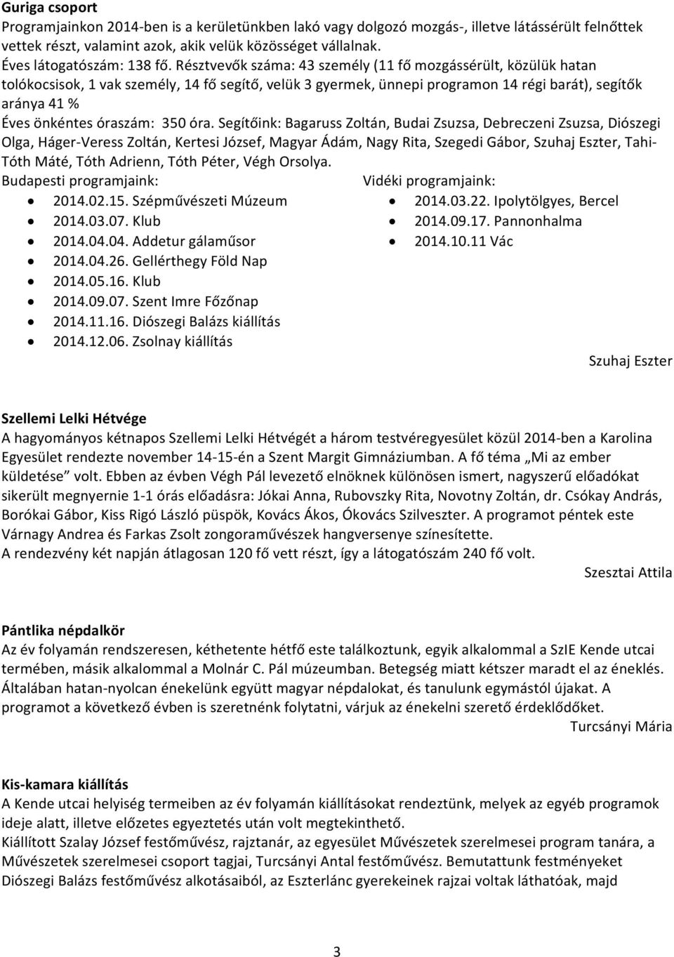 Résztvevők száma: 43 személy (11 fő mozgássérült, közülük hatan tolókocsisok, 1 vak személy, 14 fő segítő, velük 3 gyermek, ünnepi programon 14 régi barát), segítők aránya 41 % Éves önkéntes óraszám: