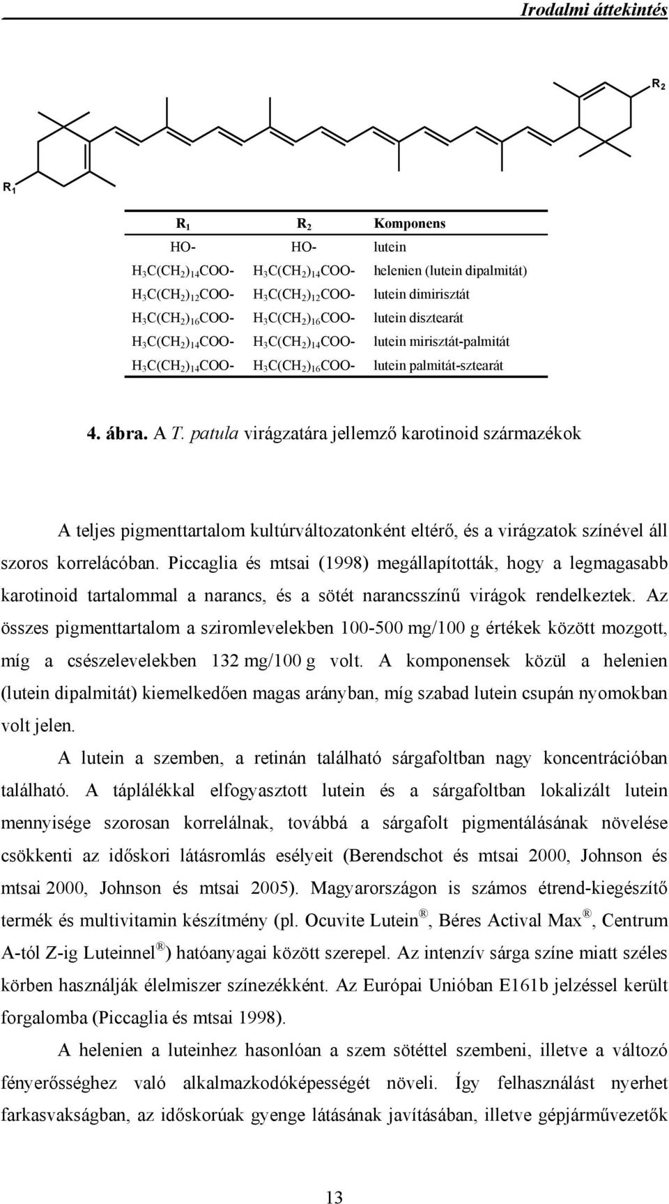 A T. patula virágzatára jellemző karotinoid származékok A teljes pigmenttartalom kultúrváltozatonként eltérő, és a virágzatok színével áll szoros korrelácóban.