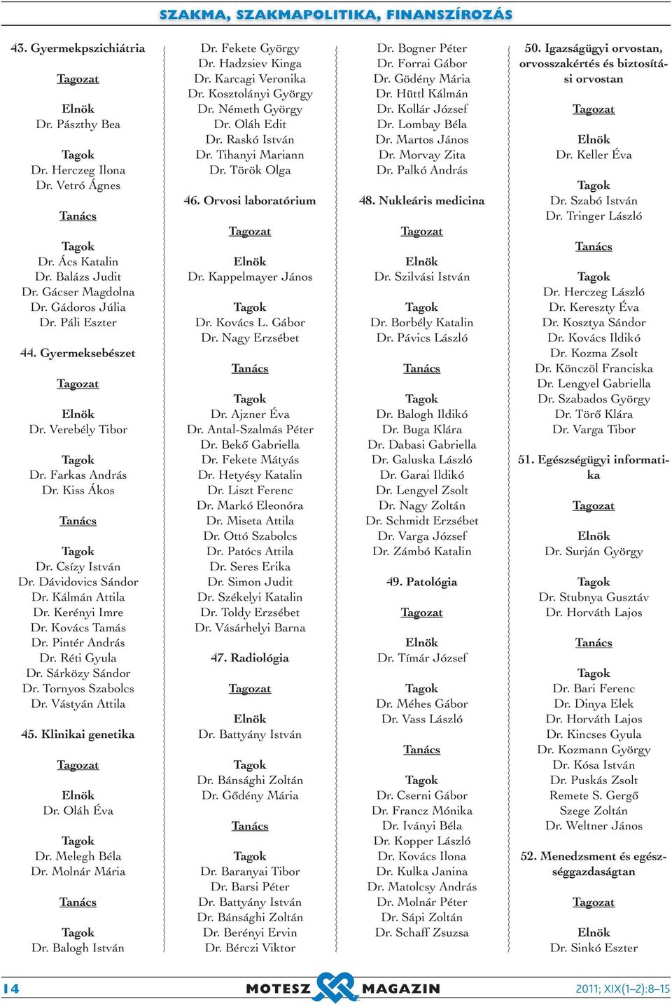 Réti Gyula Dr. Sárközy Sándor Dr. Tornyos Szabolcs Dr. Vástyán Attila 45. Klinikai genetika Dr. Oláh Éva Dr. Melegh Béla Dr. Molnár Mária Dr. Balogh István Dr. Fekete György Dr. Hadzsiev Kinga Dr.