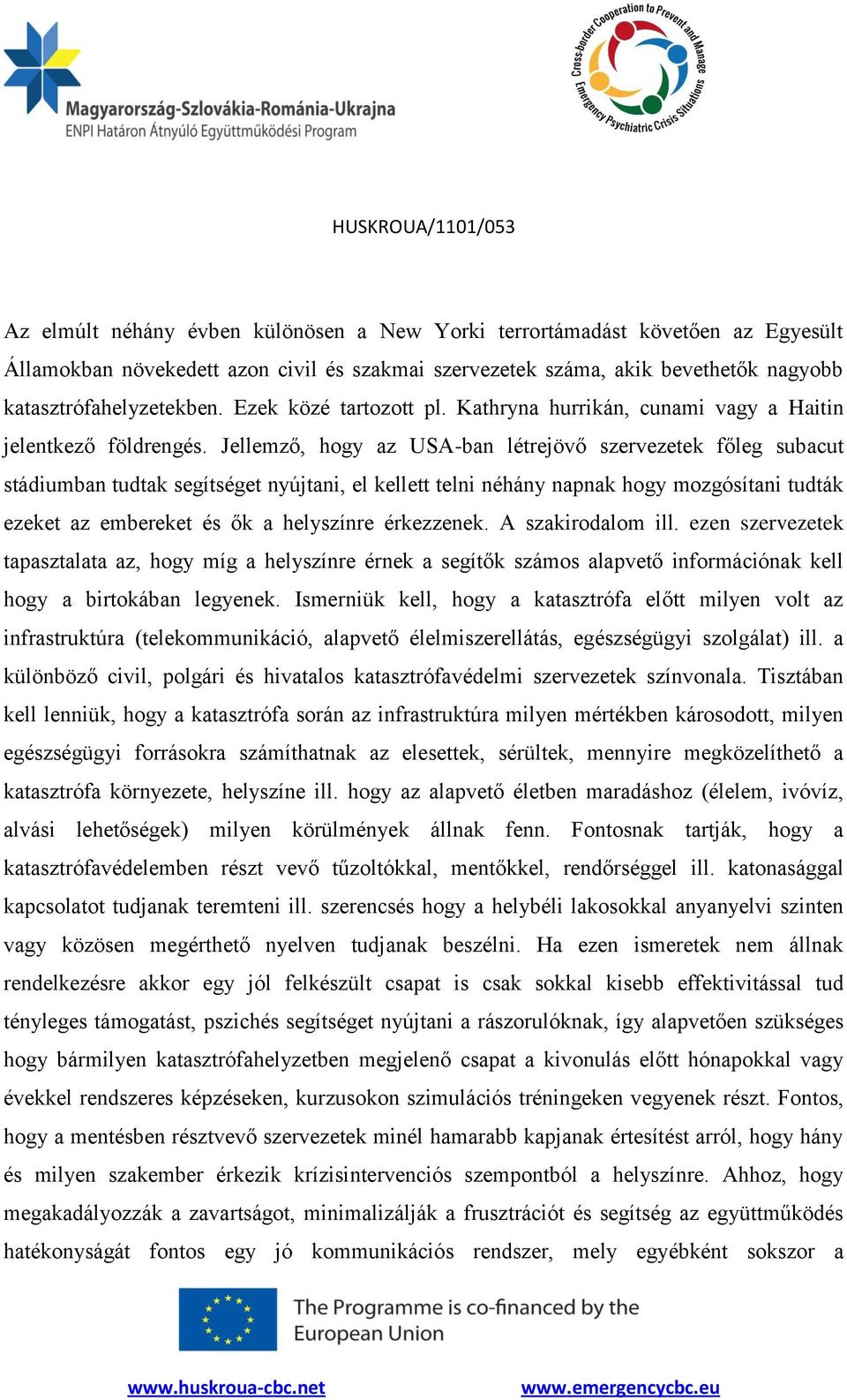 Jellemző, hogy az USA-ban létrejövő szervezetek főleg subacut stádiumban tudtak segítséget nyújtani, el kellett telni néhány napnak hogy mozgósítani tudták ezeket az embereket és ők a helyszínre