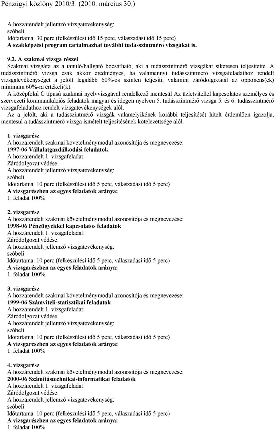 A tudásszintmérő vizsga csak akkor eredményes, ha valamennyi tudásszintmérő vizsgafeladathoz rendelt vizsgatevékenységet a jelölt legalább 60%-os szinten teljesíti, valamint záródolgozatát az