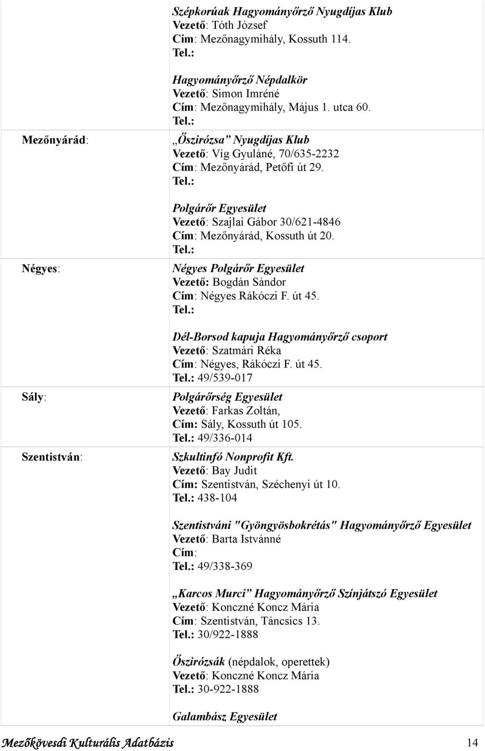 Őszirózsa Nyugdíjas Klub Vezető: Víg Gyuláné, 70/635-2232 Cím: Mezőnyárád, Petőfi út 29. Polgárőr Egyesület Vezető: Szajlai Gábor 30/621-4846 Cím: Mezőnyárád, Kossuth út 20.