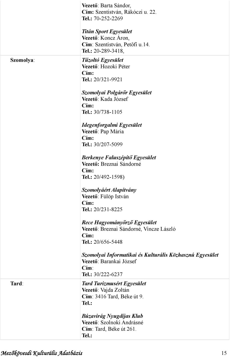 Berkenye Faluszépítő Egyesület Vezető: Breznai Sándorné Cím: 20/492-1598) Szomolyáért Alapítvány Vezető: Fülöp István Cím: 20/231-8225 Rece Hagyományőrző Egyesület Vezető: Breznai Sándorné, Vincze