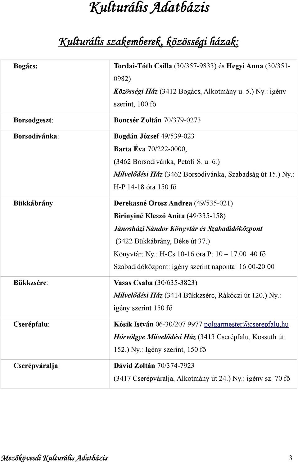 ) Művelődési Ház (3462 Borsodivánka, Szabadság út 15.) Ny.