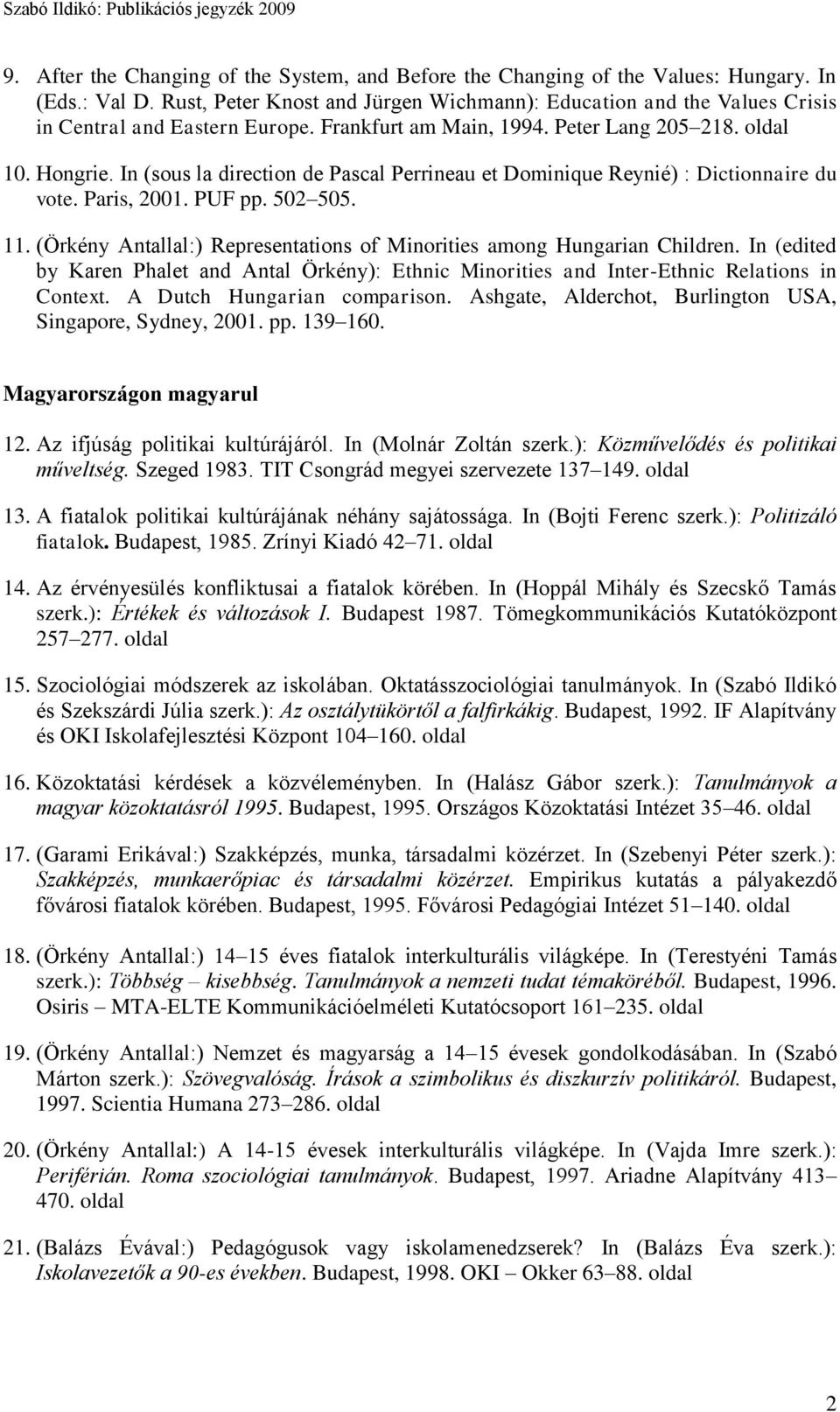 In (sous la direction de Pascal Perrineau et Dominique Reynié) : Dictionnaire du vote. Paris, 2001. PUF pp. 502 505. 11. (Örkény Antallal:) Representations of Minorities among Hungarian Children.