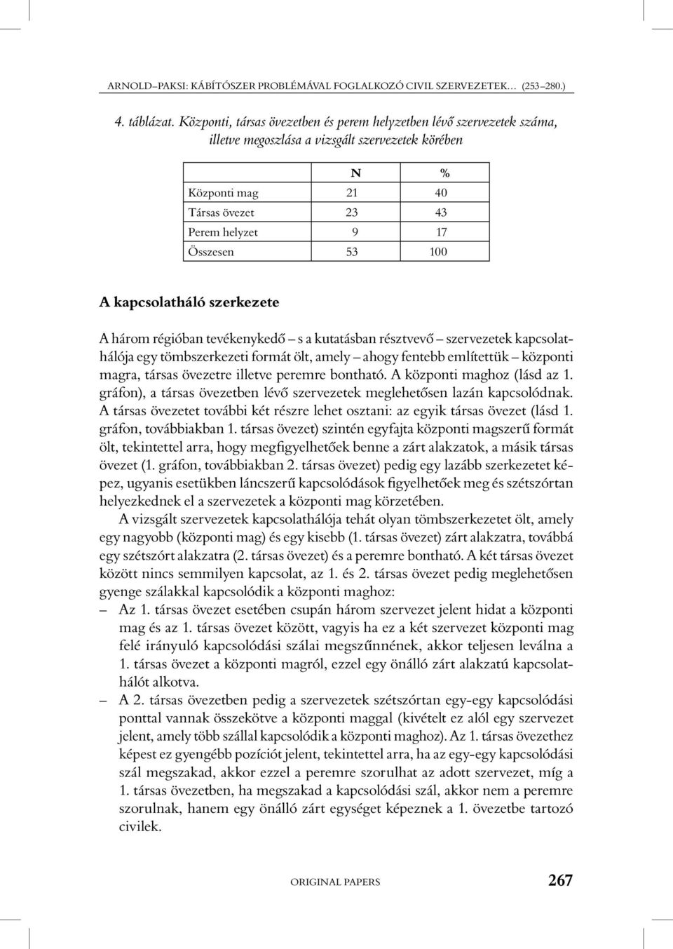 A kapcsolatháló szerkezete A három régióban tevékenykedô s a kutatásban résztvevô szervezetek kapcsolathálója egy tömbszerkezeti formát ölt, amely ahogy fentebb említettük központi magra, társas