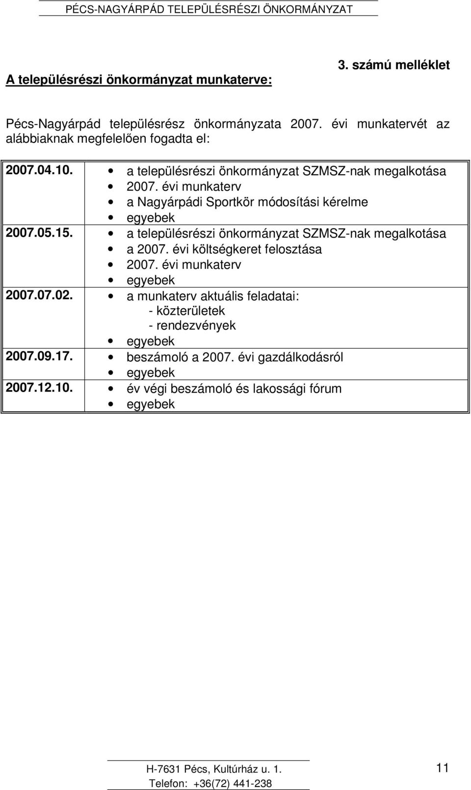 évi munkaterv a Nagyárpádi Sportkör módosítási kérelme egyebek 2007.05.15. a településrészi önkormányzat SZMSZ-nak megalkotása a 2007.