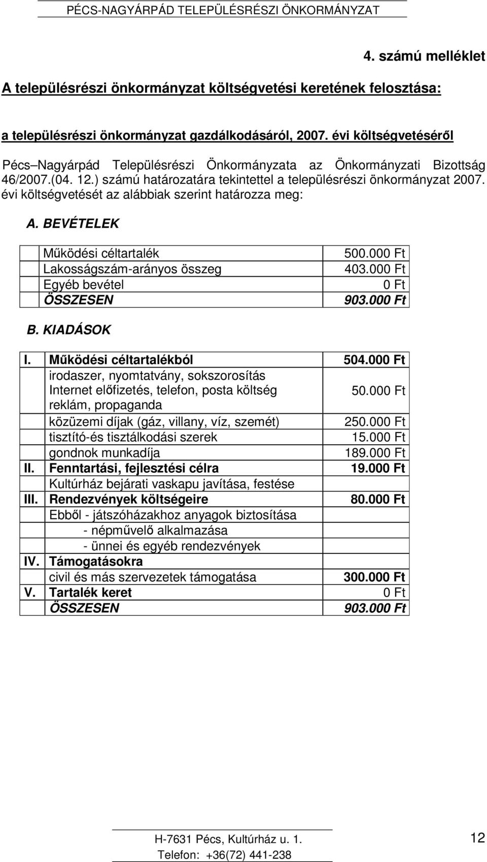 évi költségvetését az alábbiak szerint határozza meg: A. BEVÉTELEK Mködési céltartalék Lakosságszám-arányos összeg Egyéb bevétel ÖSSZESEN 500.000 Ft 403.000 Ft 0 Ft 903.000 Ft B. KIADÁSOK I.