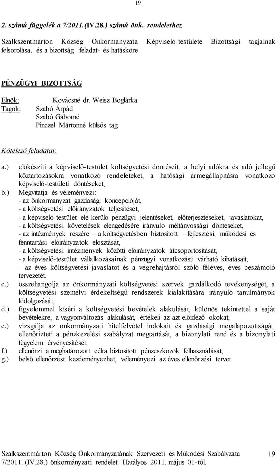 Weisz Boglárka Szabó Árpád Szabó Gáborné Pinczel Mártonné külsős tag Kötelező feladatai: a.) b.) c.) d.) e.) f.) g.