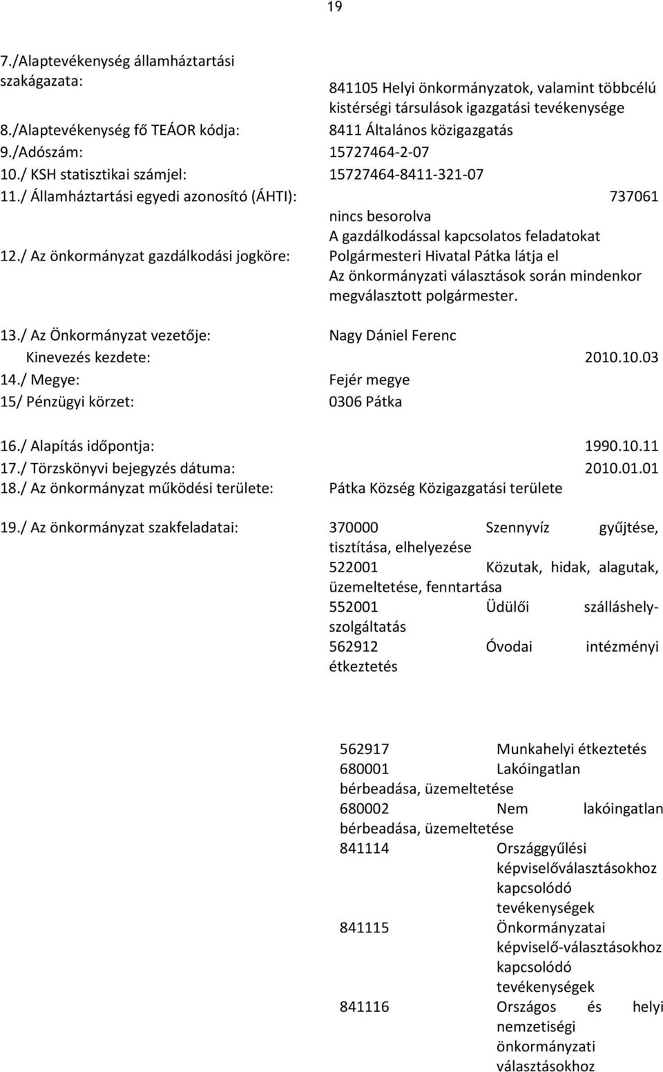 / Az önkormányzat gazdálkodási jogköre: nincs besorolva A gazdálkodással kapcsolatos feladatokat Polgármesteri Hivatal Pátka látja el Az önkormányzati választások során mindenkor megválasztott