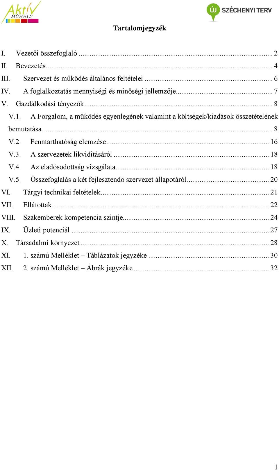 A szervezetek likviditásáról... 18 V.4. Az eladósodottság vizsgálata... 18 V.5. Összefoglalás a két fejlesztendő szervezet állapotáról... 20 VI. Tárgyi technikai feltételek... 21 VII.