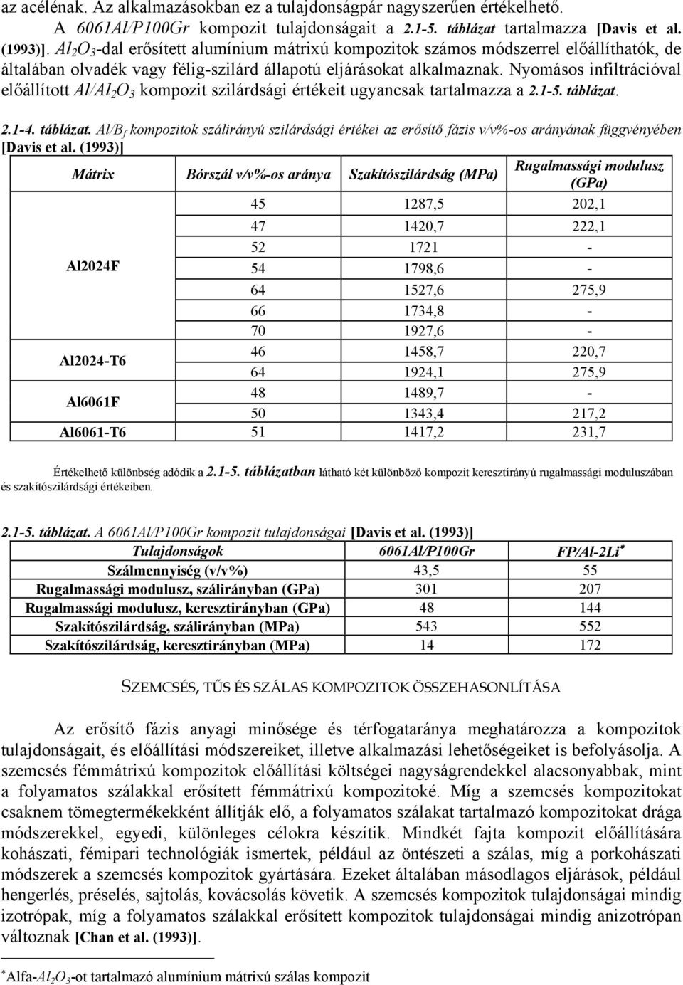 Nyomásos infiltrációval előállított Al/Al 2 O 3 kompozit szilárdsági értékeit ugyancsak tartalmazza a 2.1-5. táblázat.