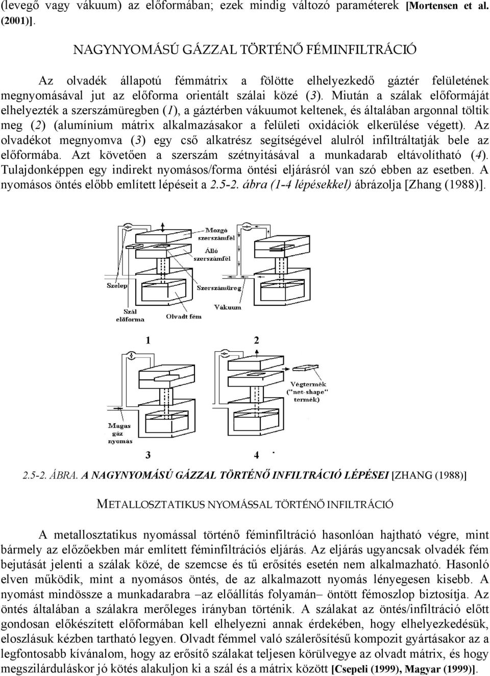 Miután a szálak előformáját elhelyezték a szerszámüregben (1), a gáztérben vákuumot keltenek, és általában argonnal töltik meg (2) (alumínium mátrix alkalmazásakor a felületi oxidációk elkerülése