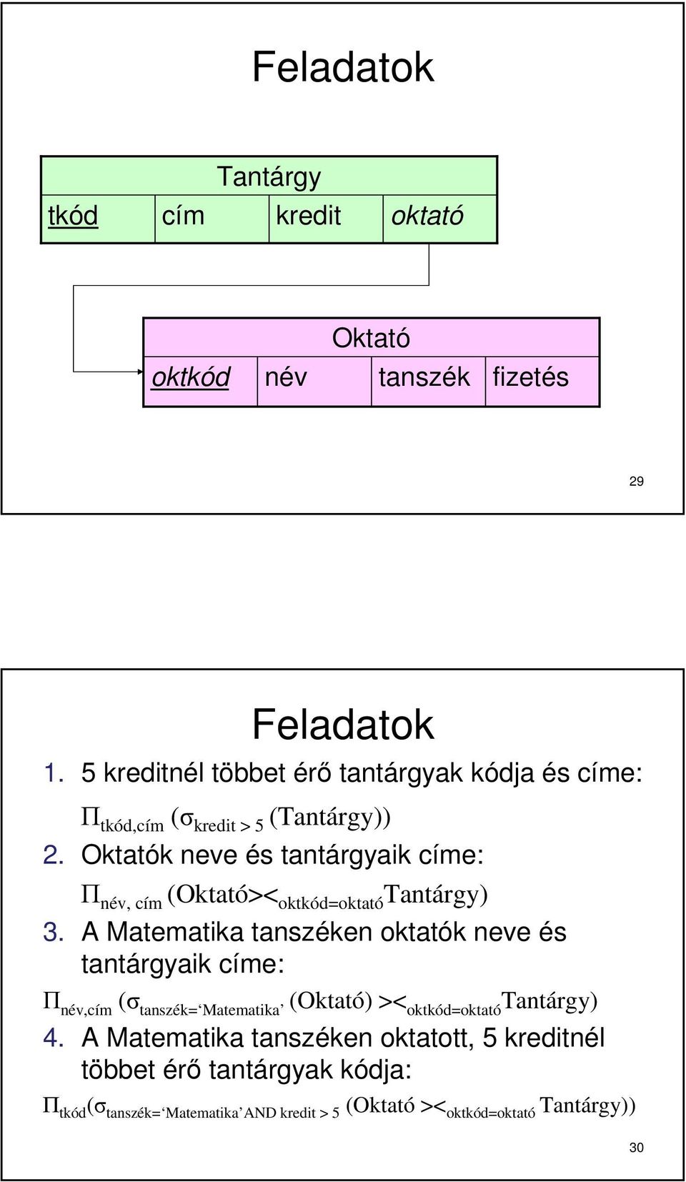 Oktatók neve és tantárgyaik címe: Π név, cím (Oktató>< oktkód=oktató Tantárgy) 3.