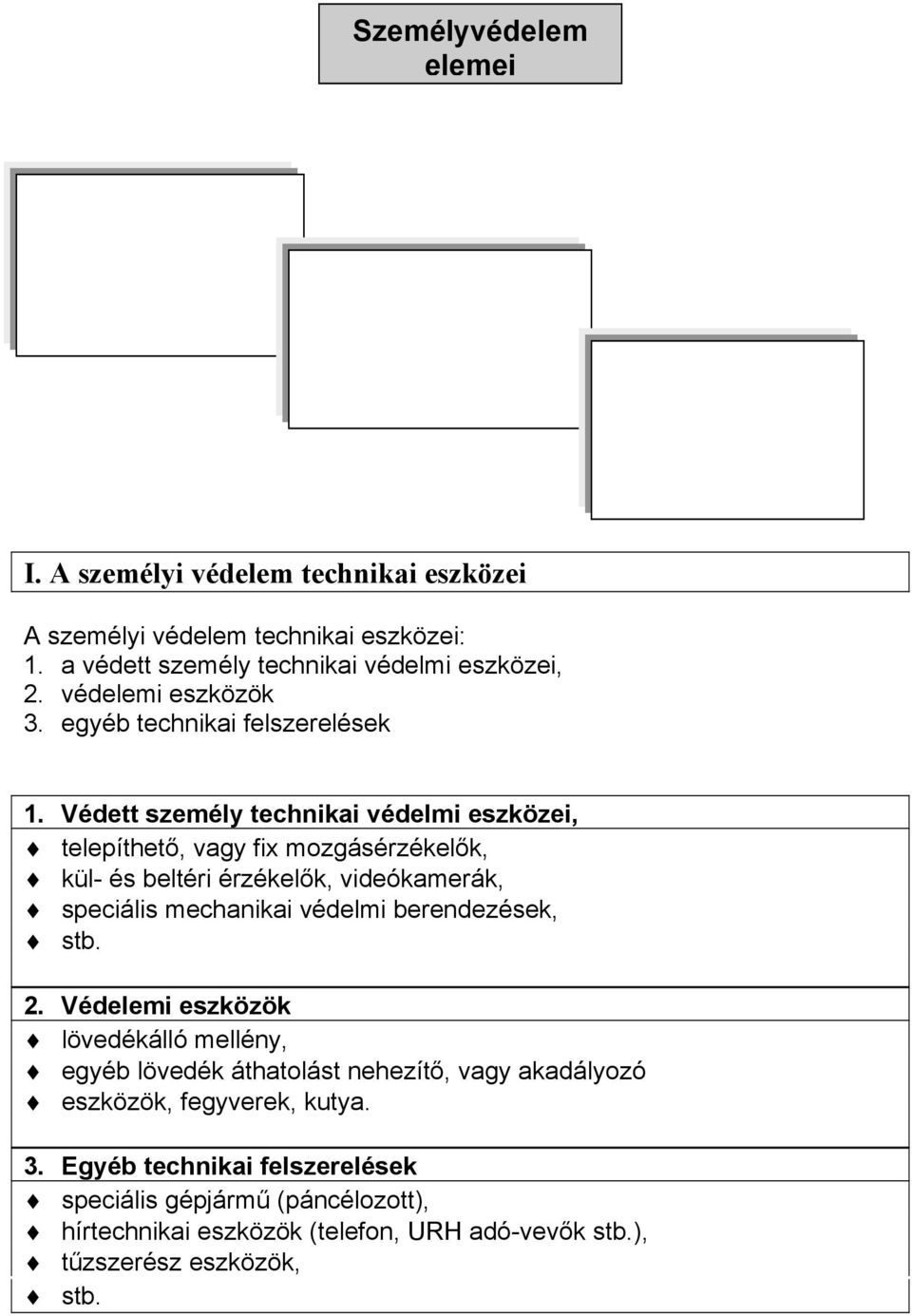 egyéb technikai felszerelések 1. Védett személy technikai védelmi eszközei,!" telepíthet!, vagy fi^ mozgásérzékel!k,!" kül- és beltéri érzékel!k, videókamerák,!