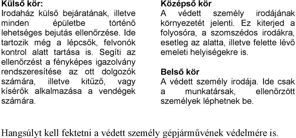 k alkalmazása a vendégek számára. Középs! kör A védett személy irodájának környezetét jelenti.