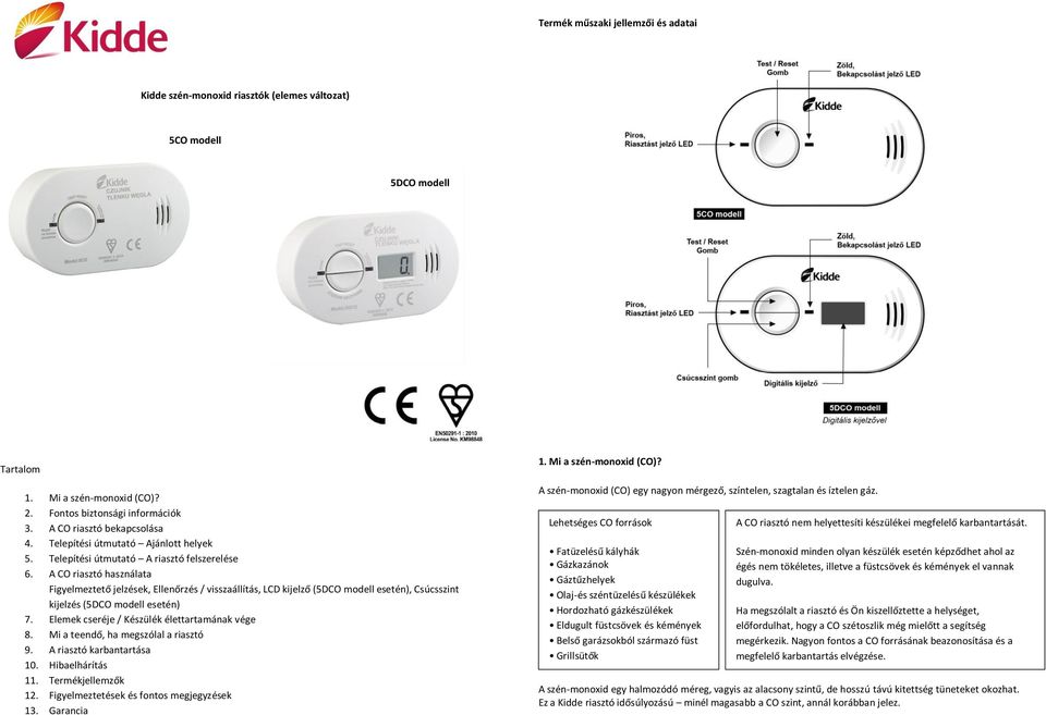 A CO riasztó használata Figyelmeztető jelzések, Ellenőrzés / visszaállítás, LCD kijelző (5DCO modell esetén), Csúcsszint kijelzés (5DCO modell esetén) 7.