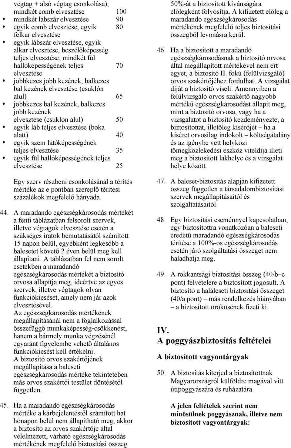 kezének elvesztése (csuklón alul) 50 egyik láb teljes elvesztése (boka alatt) 40 egyik szem látóképességének teljes elvesztése 35 egyik fül hallóképességének teljes elvesztése 25 Egy szerv részbeni