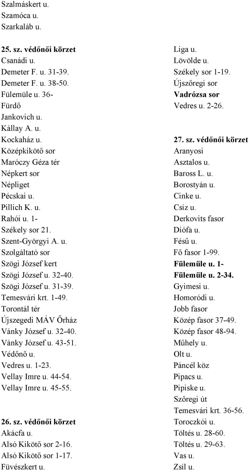 Pécskai u. Cinke u. Pillich K. u. Csíz u. Rahói u. 1- Derkovits fasor Székely sor 21. Diófa u. Szent-Györgyi A. u. Fésű u. Szolgáltató sor Fő fasor 1-99. Szögi József kert Fülemüle u.