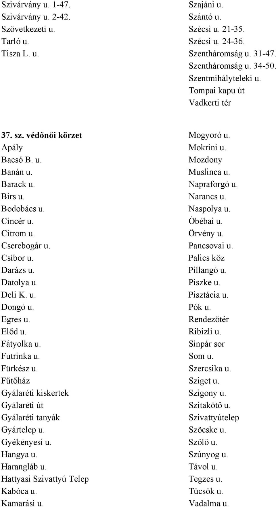 Óbébai u. Citrom u. Örvény u. Cserebogár u. Pancsovai u. Csíbor u. Palics köz Darázs u. Pillangó u. Datolya u. Piszke u. Deli K. u. Pisztácia u. Dongó u. Pók u. Egres u. Rendezőtér Előd u. Ribizli u.