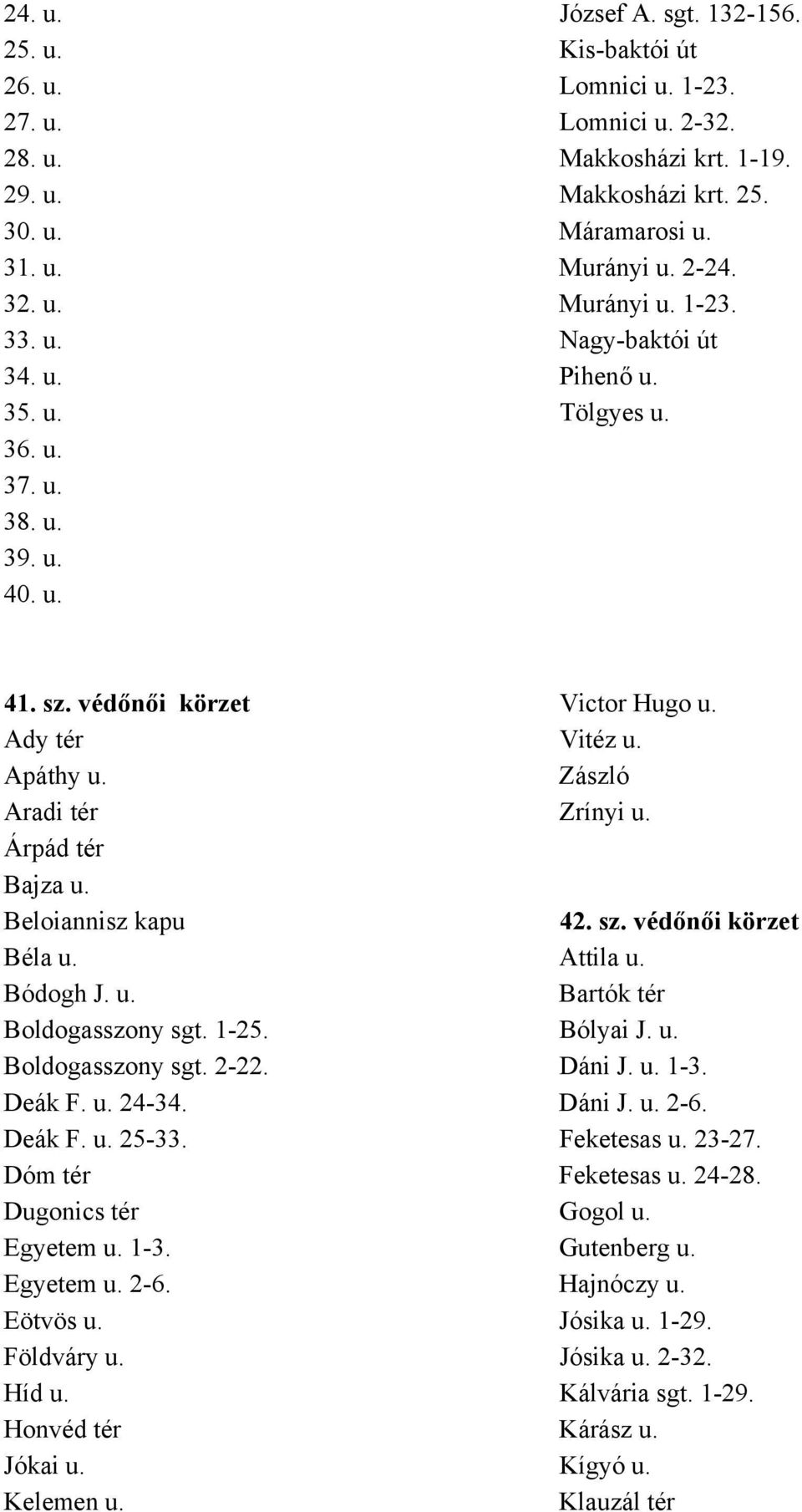 Zászló Aradi tér Zrínyi u. Árpád tér Bajza u. Beloiannisz kapu 42. sz. védőnői körzet Béla u. Attila u. Bódogh J. u. Bartók tér Boldogasszony sgt. 1-25. Bólyai J. u. Boldogasszony sgt. 2-22. Dáni J.