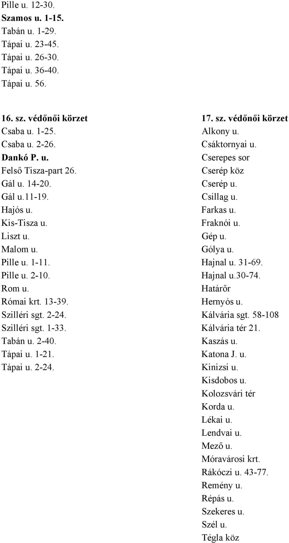 Pille u. 1-11. Hajnal u. 31-69. Pille u. 2-10. Hajnal u.30-74. Rom u. Határőr Római krt. 13-39. Hernyós u. Szilléri sgt. 2-24. Kálvária sgt. 58-108 Szilléri sgt. 1-33. Kálvária tér 21. Tabán u. 2-40.