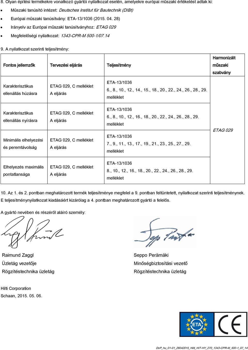 A nyilatkozat szerinti teljesítmény: Fontos jellemzők Tervezési eljárás Teljesítmény Harmonizált műszaki szabvány Karakterisztikus ellenállás húzásra ETAG 029, C melléklet A eljárás ETA-3/036 6., 8.