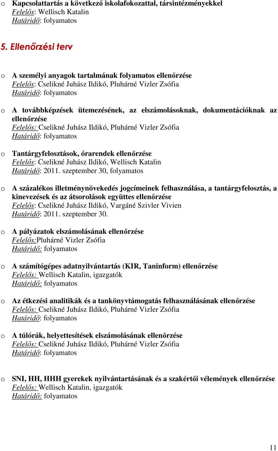 az ellenőrzése Felelős: Cselikné Juhász Ildikó, Pluhárné Vizler Zsófia o Tantárgyfelosztások, órarendek ellenőrzése Felelős: Cselikné Juhász Ildikó, Wellisch Katalin Határidő: 2011.