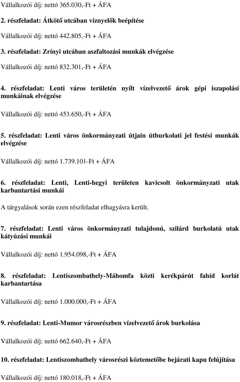 részfeladat: Lenti város területén nyílt vízelvezető árok gépi iszapolási munkáinak elvégzése Vállalkozói díj: nettó 453.650,-Ft + ÁFA 5.