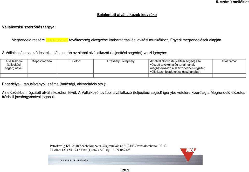 alvállalkozó (teljesítési segéd) által végzett tevékenység tartalmának meghatározása a szerződésben rögzített vállalkozói feladatokkal összhangban: Adószáma: Engedélyek, tanúsítványok száma