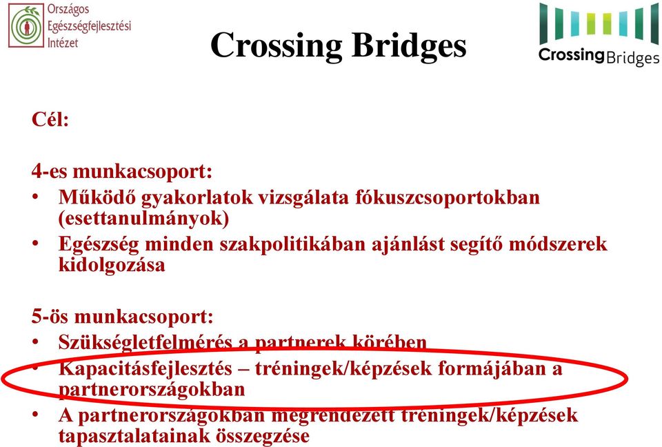 munkacsoport: Szükségletfelmérés a partnerek körében Kapacitásfejlesztés tréningek/képzések