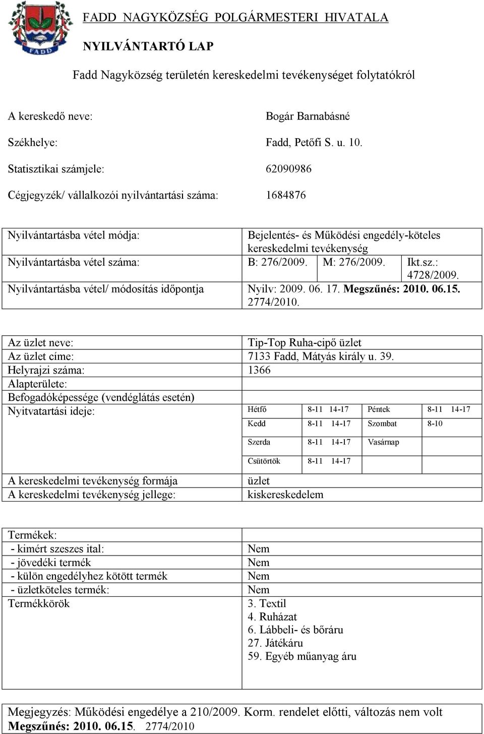 Helyrajzi száma: 1366 Alapterülete: Nyitvatartási ideje: Hétfő 8-11 14-17 Péntek 8-11 14-17 Kedd 8-11 14-17 Szombat 8-10 Szerda 8-11 14-17 Vasárnap Csütörtök 8-11 14-17 kiskereskedelem - kimért