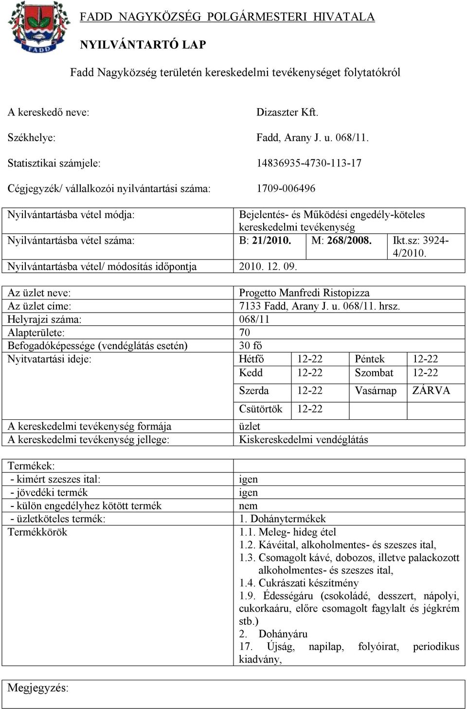 Helyrajzi száma: 068/11 Alapterülete: 70 30 fő Nyitvatartási ideje: Hétfő 12-22 Péntek 12-22 Kedd 12-22 Szombat 12-22 Szerda 12-22 Vasárnap ZÁRVA Csütörtök 12-22 Kiskereskedelmi vendéglátás - kimért