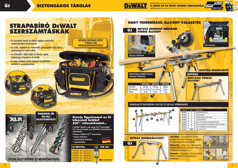 alapanyag strapabíró és tartós Ultra Kompakt Könnyen szállítható A nagy nyílású kivitel könnyű hozzáférést a szerszámokhoz SZINTÉN RENDELHETŐ DE703 KOMPATIBILIS MINDEN DEWALT GÉRVÁGÓ FŰRÉSSZEL DE703