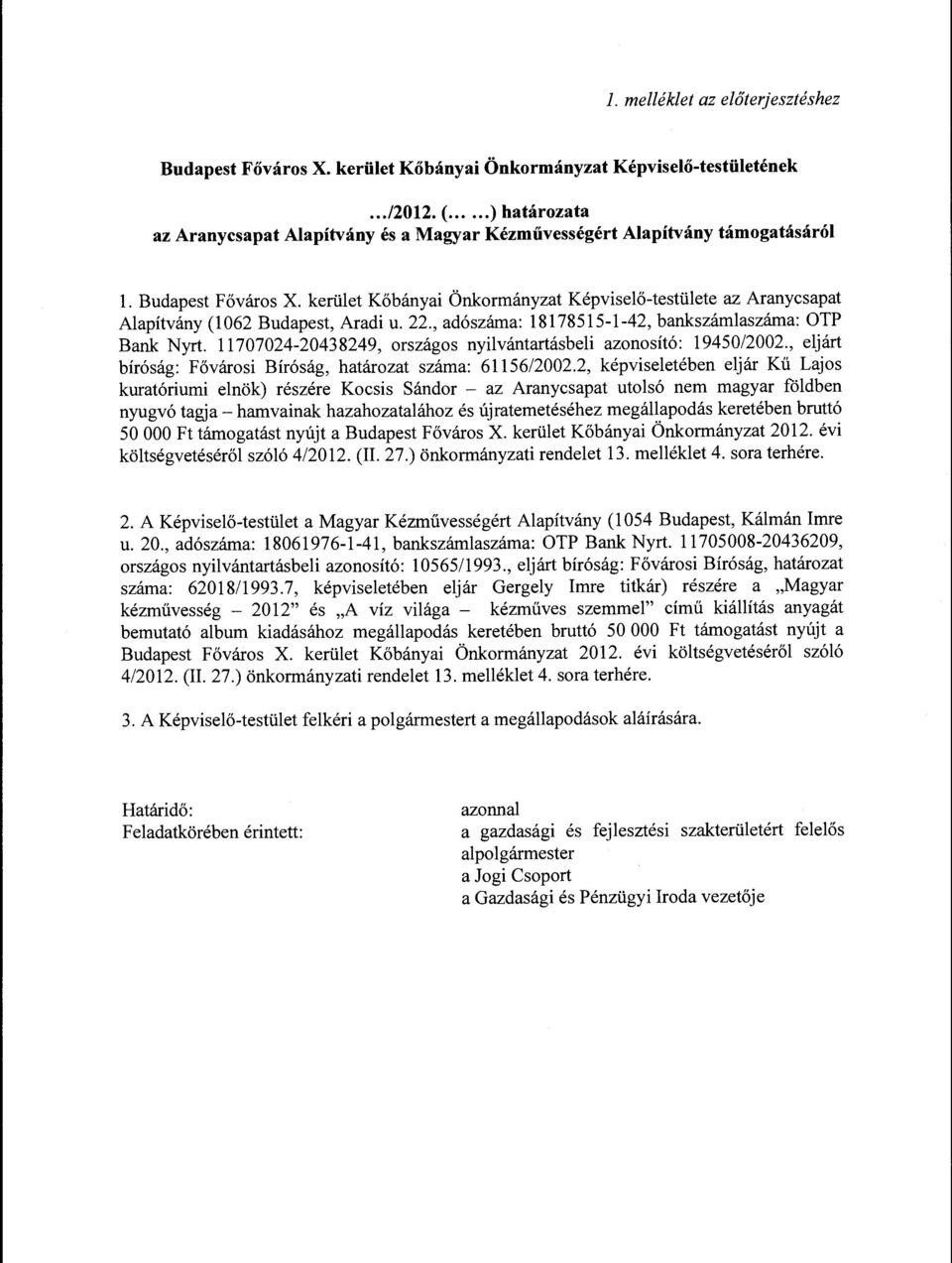 kerület Kőbányai Önkormányzat Képviselő-testülete az Aranycsapat Alapítvány (1062 Budapest, Aradi u. 22., adószáma: 18178515-1-42, bankszámlaszáma: OTP Bank Nyrt.