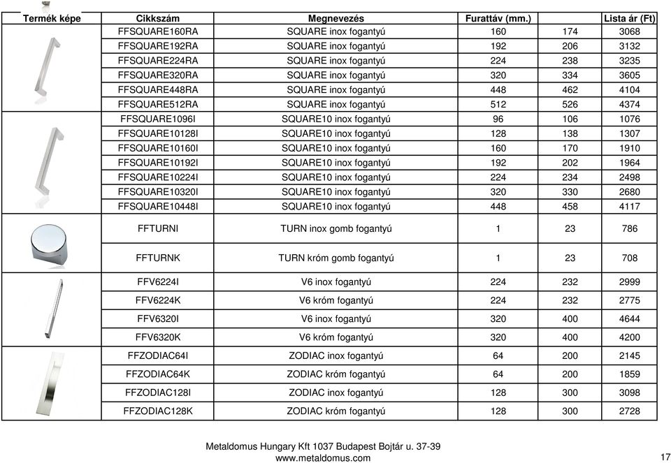 334 3605 FFSQUARE448RA SQUARE inox fogantyú 448 462 4104 FFSQUARE512RA SQUARE inox fogantyú 512 526 4374 FFSQUARE1096I SQUARE10 inox fogantyú 96 106 1076 FFSQUARE10128I SQUARE10 inox fogantyú 128 138