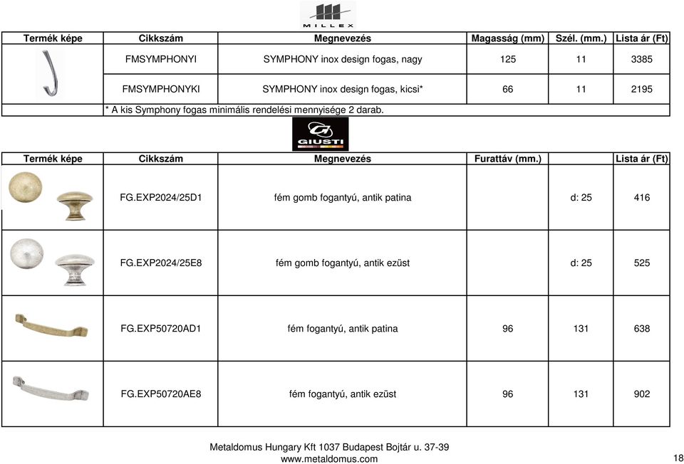 ) Lista ár (Ft) FMSYMPHONYI SYMPHONY inox design fogas, nagy 125 11 3385 FMSYMPHONYKI SYMPHONY inox design fogas, kicsi* 66 11 2195 * A