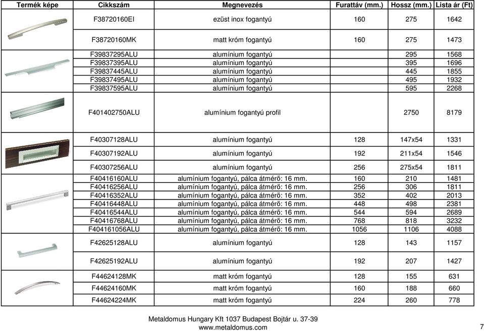 F40307192ALU alumínium fogantyú 192 211x54 1546 F40307256ALU alumínium fogantyú 256 275x54 1811 F40416160ALU alumínium fogantyú, pálca átmérő: 16 mm.